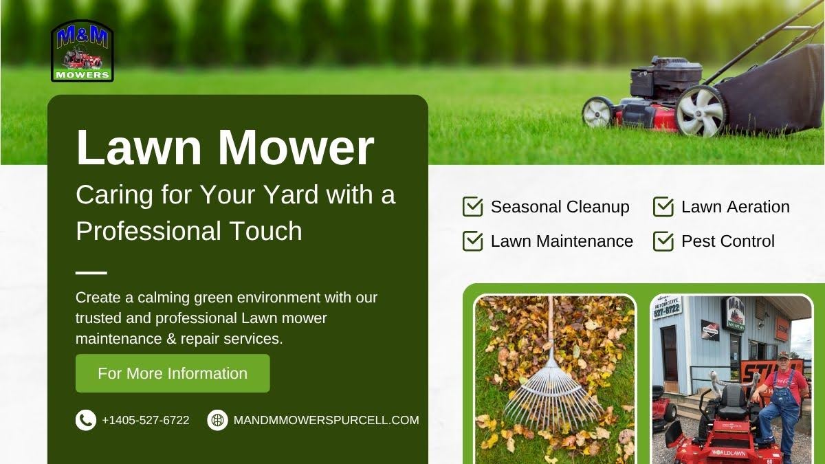 M&M Mowers lawn care services flyer showing a red lawn mower on green grass, seasonal cleanup with rake, lawn aeration, lawn maintenance, and pest control services